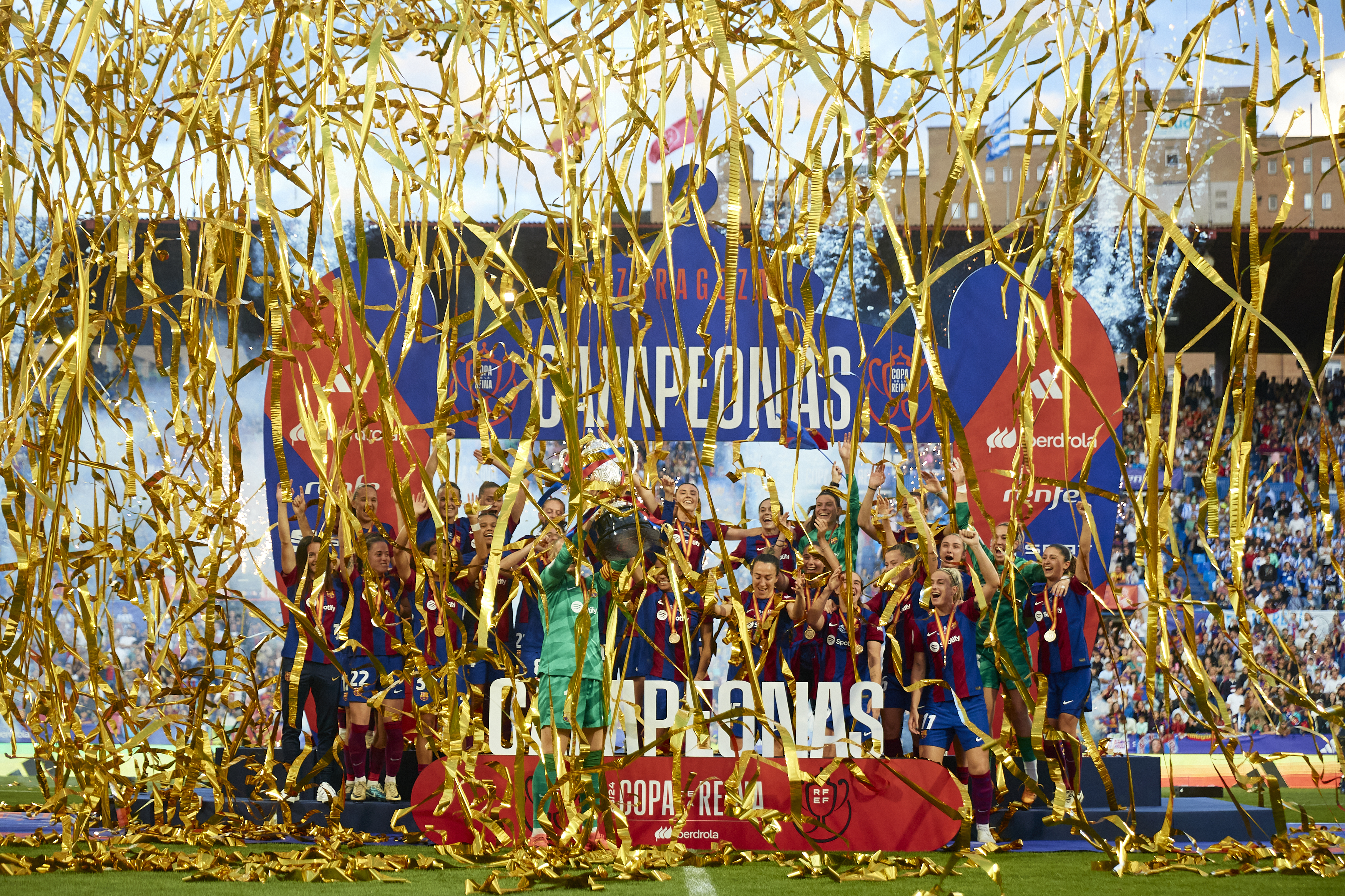 Celebrations after Barça Femení wins a new Copa de la Reina cup in La Romareda on May 18, 2024