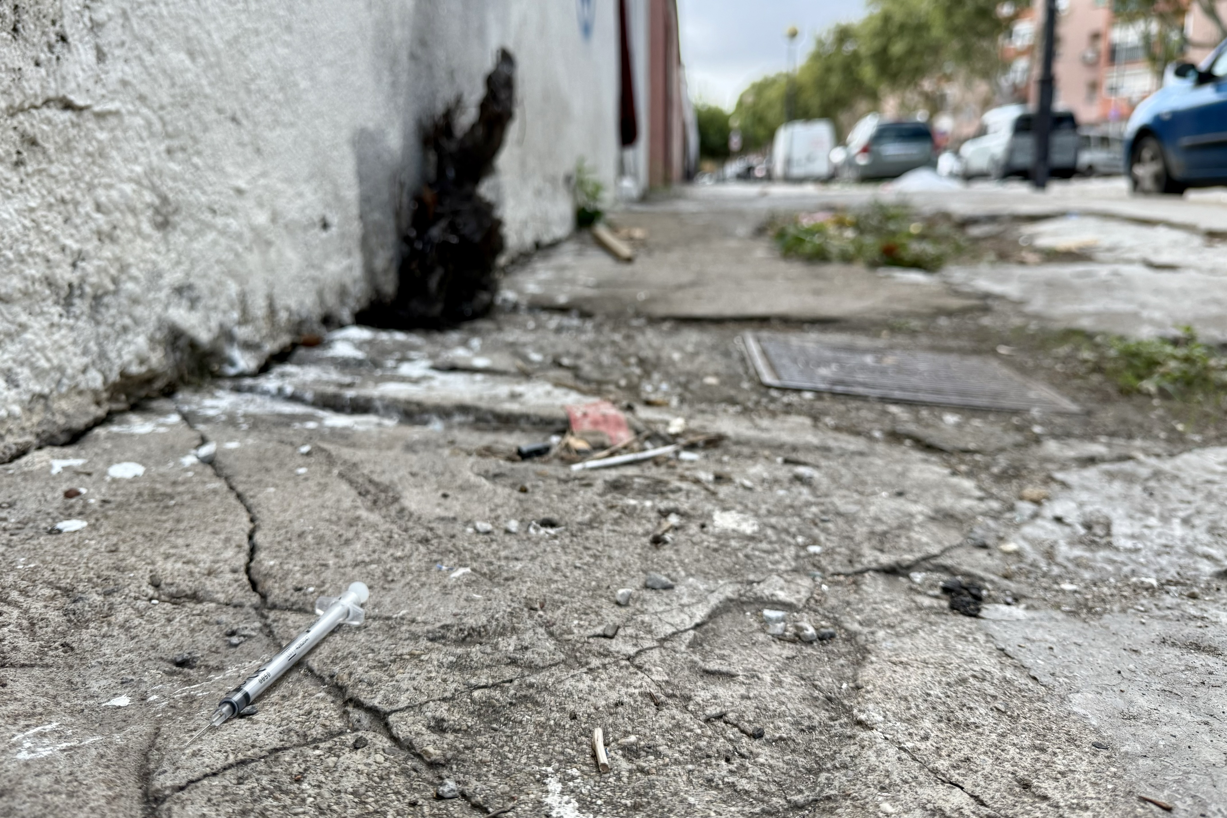 A syringe outside the abandoned B9 high school in Badalona