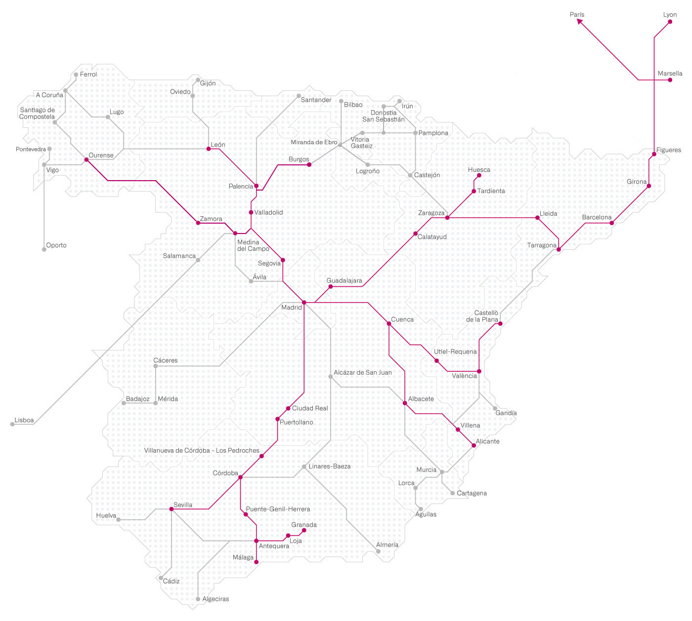 AVE high-speed (purple) and other long distance (grey) routes