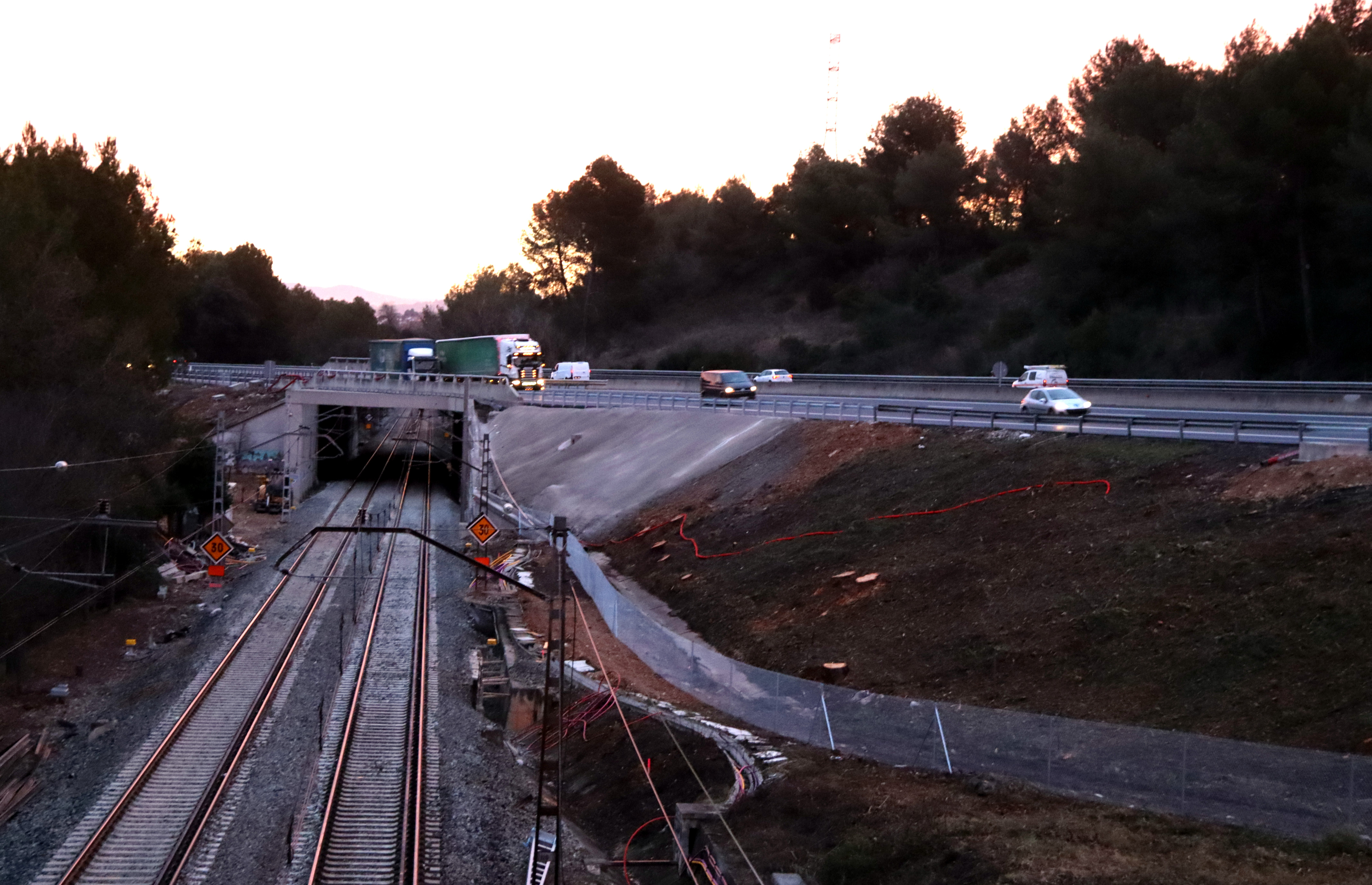 The area where the fatal rail accident occurred, with the AP-7 motorway now reopened to traffic