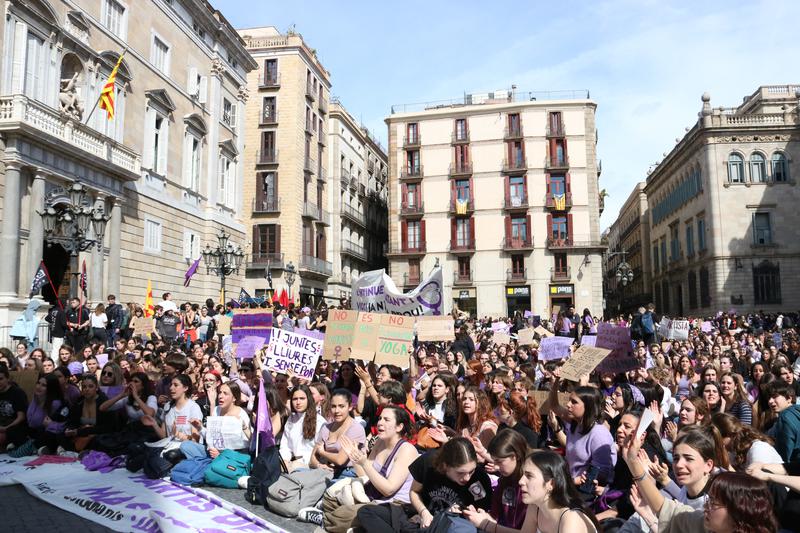 Thousands of students gather for a feminist protest in front of the Catalan government headquarters building on International Women's Day 2023