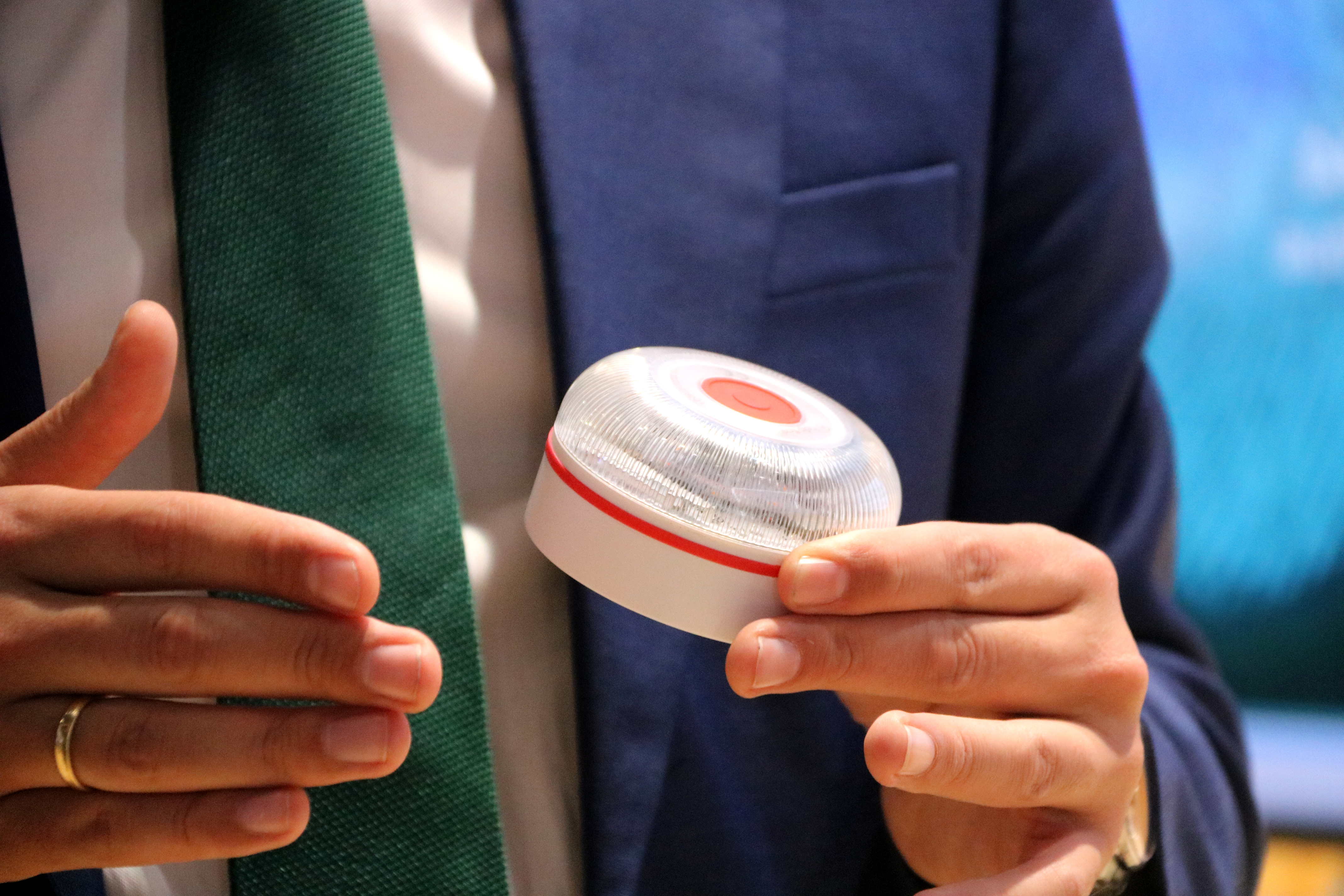 A V16 beacon at the 2023 Mobile World Congress