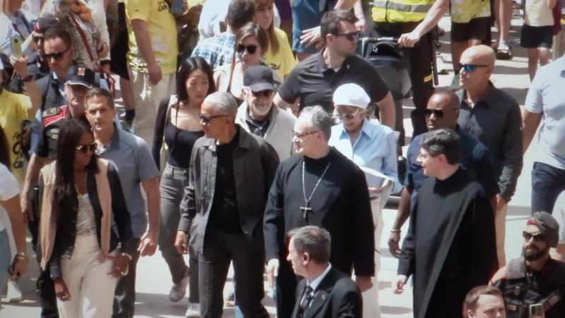 Barack Obama, Michelle Obama, Steven Spielberg, and Kate Capshaw during a visit to Montserrat's monastery on April 29, 2023