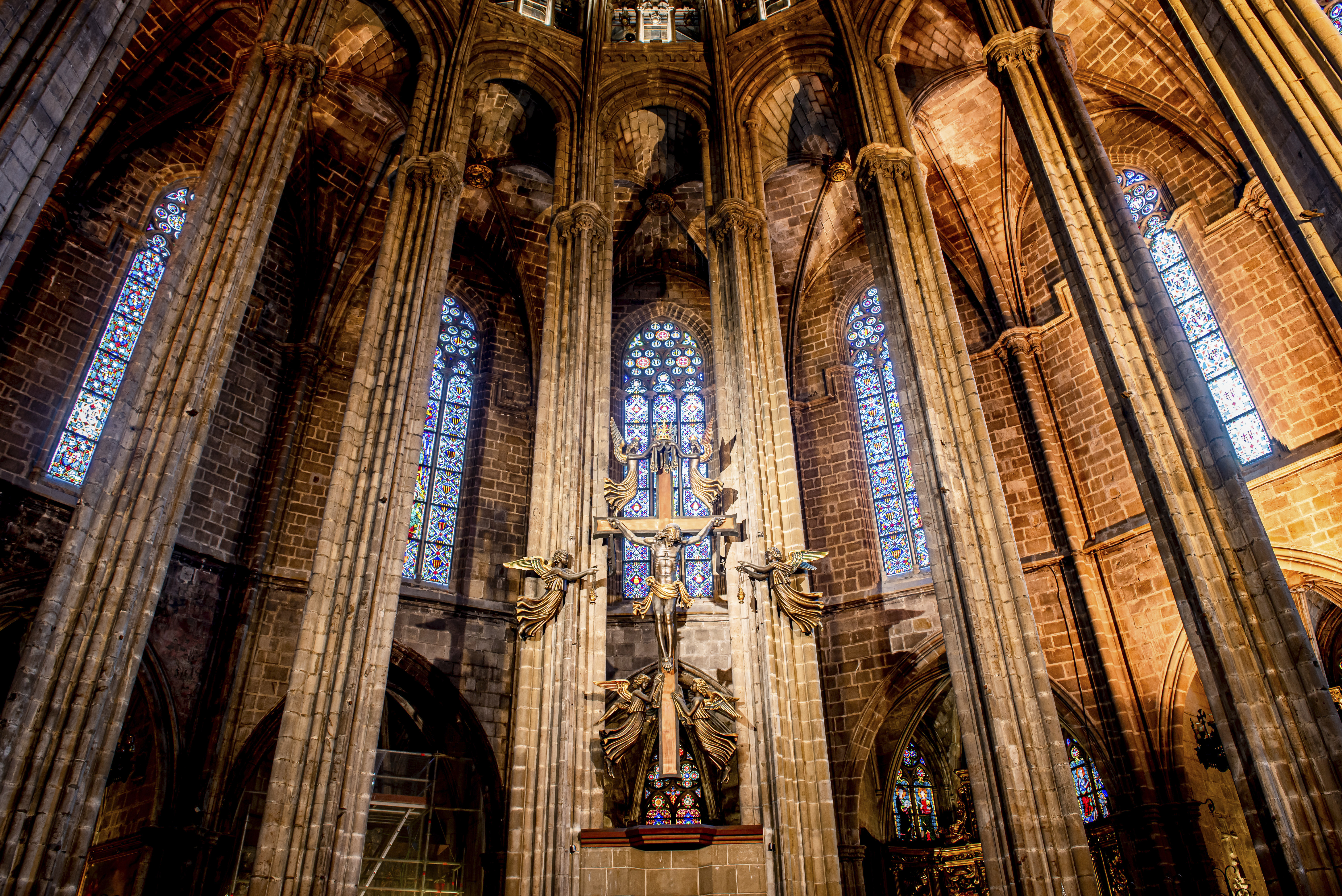 Barcelona Cathedral interior with the stained glasses installed after their restoration