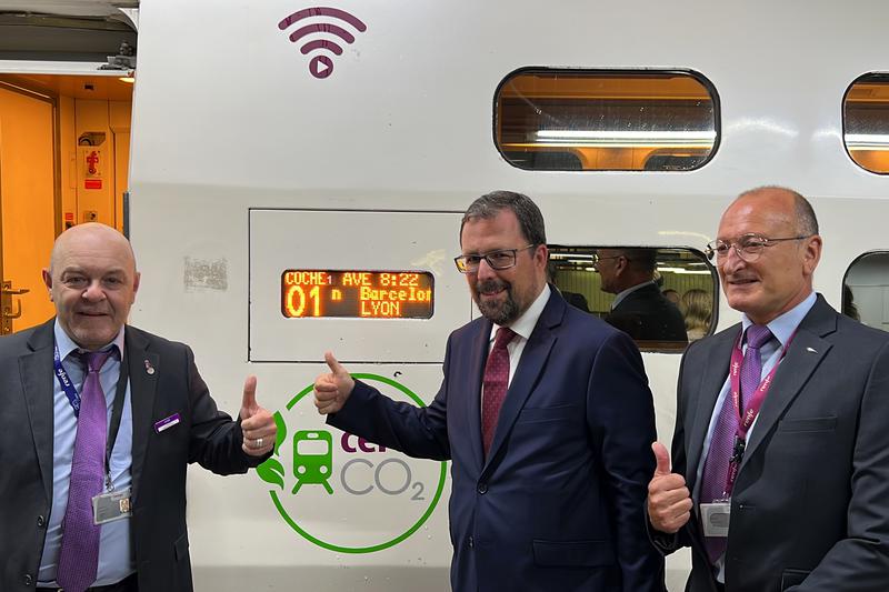 Renfe president Raül Blanco in front of the first AVE high-speed train to the French city of Lyon on July 13, 2023 