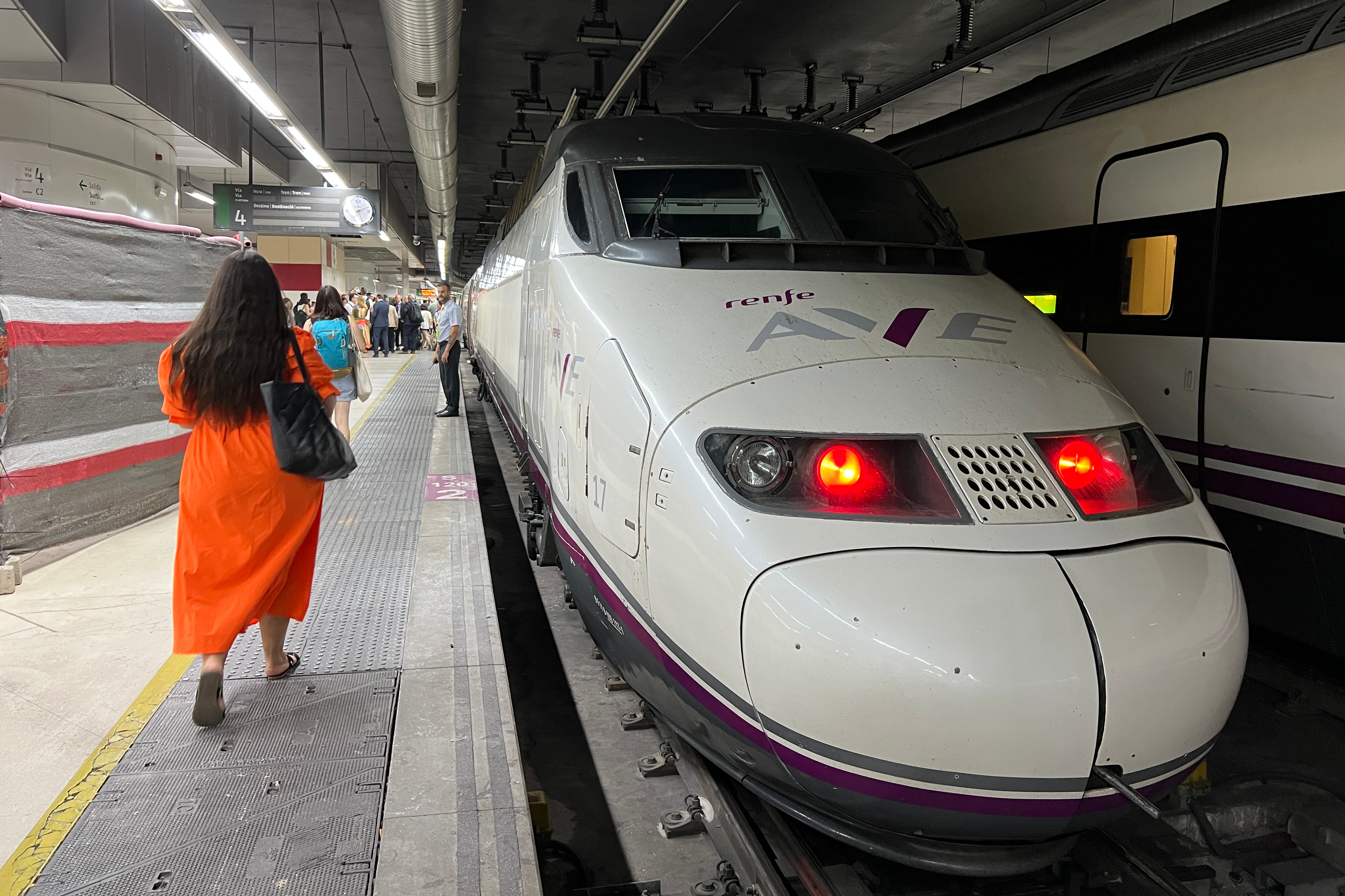 A Renfe AVE high-speed train ready to depart to Lyon from Barcelona Sants train station on July 13, 2023