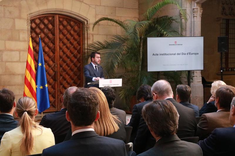 Catalan president Pere Aragonès speaks at the Europe Day event at the Catalan government headquarters