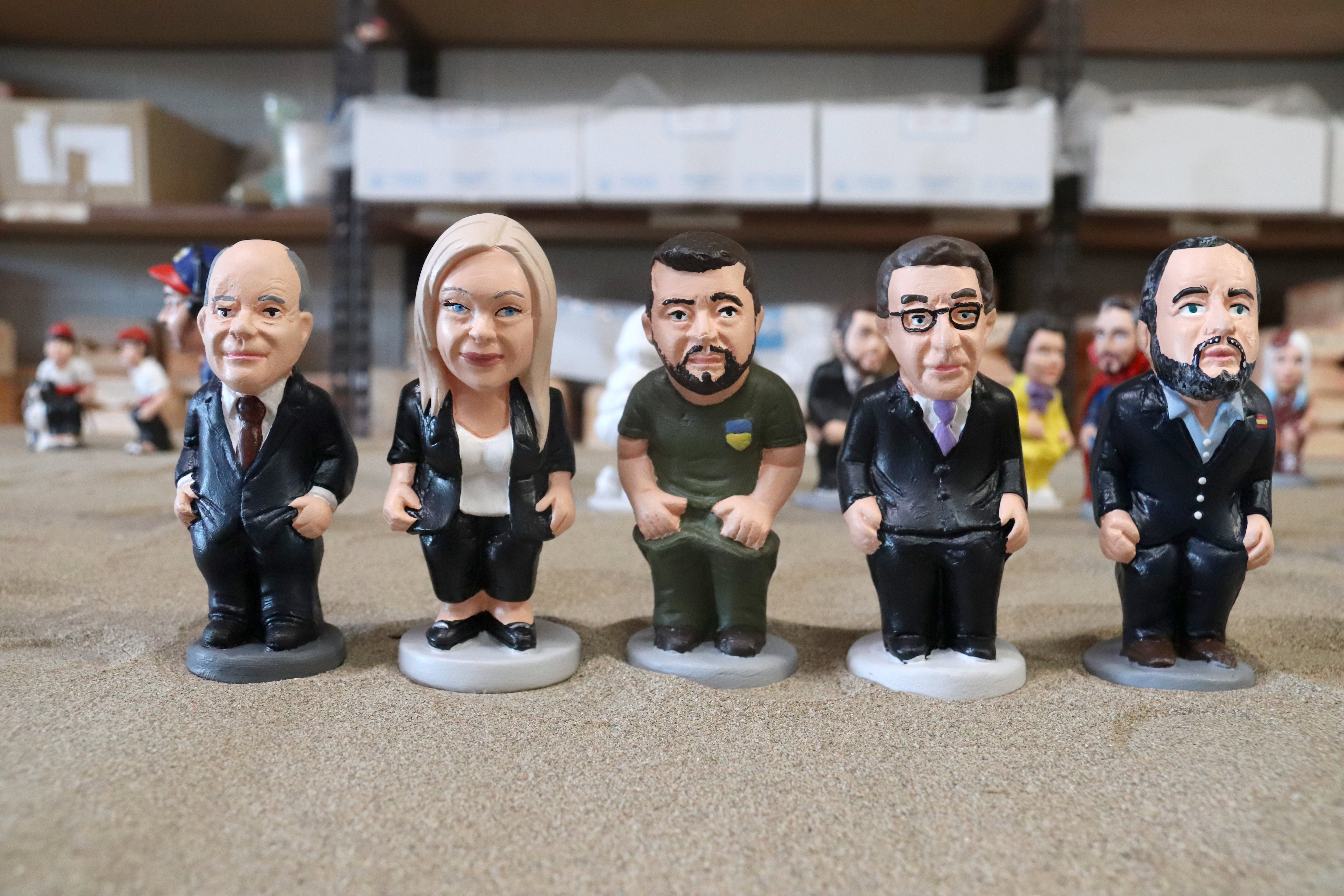 German chancellor Olaf Scholz, Italian PM Giorgia Meloni, Ukrainian president Volodymir Zelenskyy, Spanish People's Party leader Alberto Núñez Feijóo, and far-right party leader Santiago Abascal pooper figurines on November 3, 2022