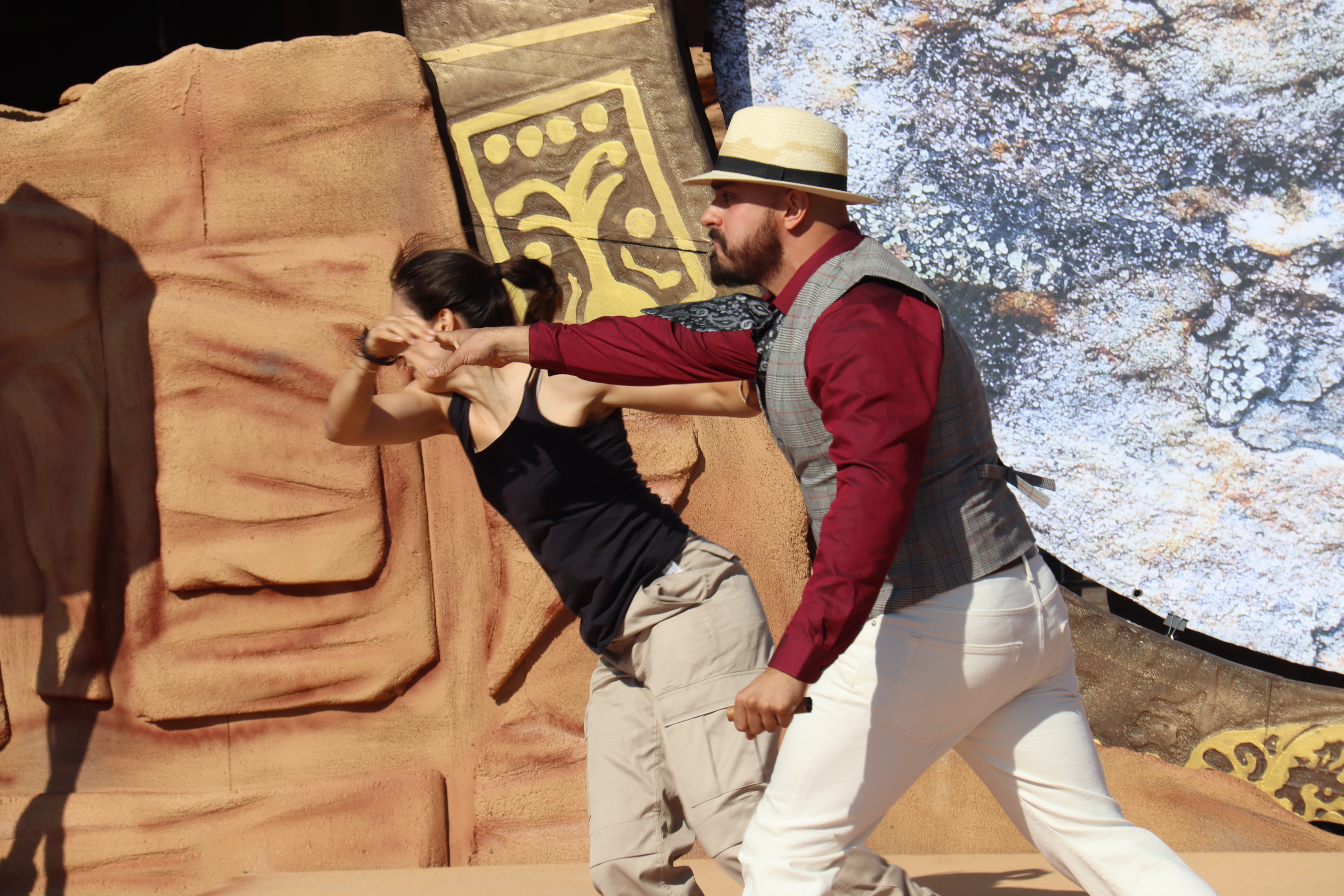 Two actors performing ahead of opening the newest PortAventura ride: Uncharted: The Enigma of Penitence on June 16, 2023