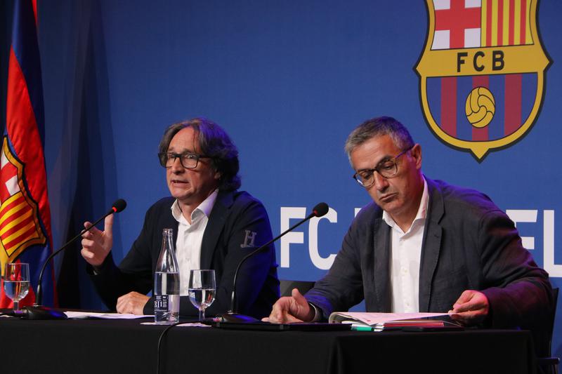 The director of FC Barcelona's Sustainability Area, Jordi Portabella, and Xavier Patón from the council's mobility planning department at Friday's press conference
