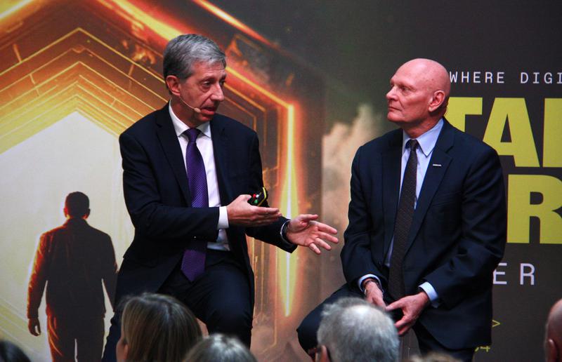 Mobile World Capital CEO, Francesc Fajula, and CEO of GSMAEl, John Hoffman, during the presentation of the second edition of the Talent Arena