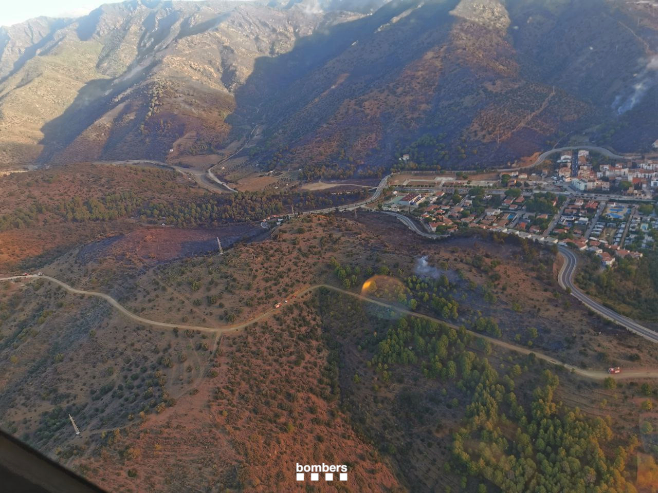 Affected area seen from the air of the wildfire burning in Portbou on August 5, 2023