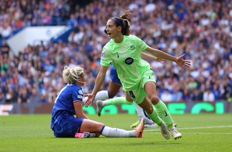 Aitana Bonmati of FC Barcelona celebrates scoring her team’s first goal during the UEFA Women’s Champions League semifinal second leg match between Chelsea FC Women and FC Barcelona at Stamford Bridge on April 27, 2025 in London, England
