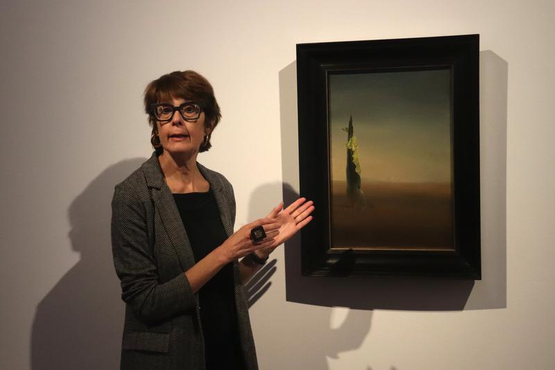 Montse Aguer, Director of the Fundació Gala Salvador Dalí, presenting the newly acquired piece, 'The Birth of Liquid Anguish'