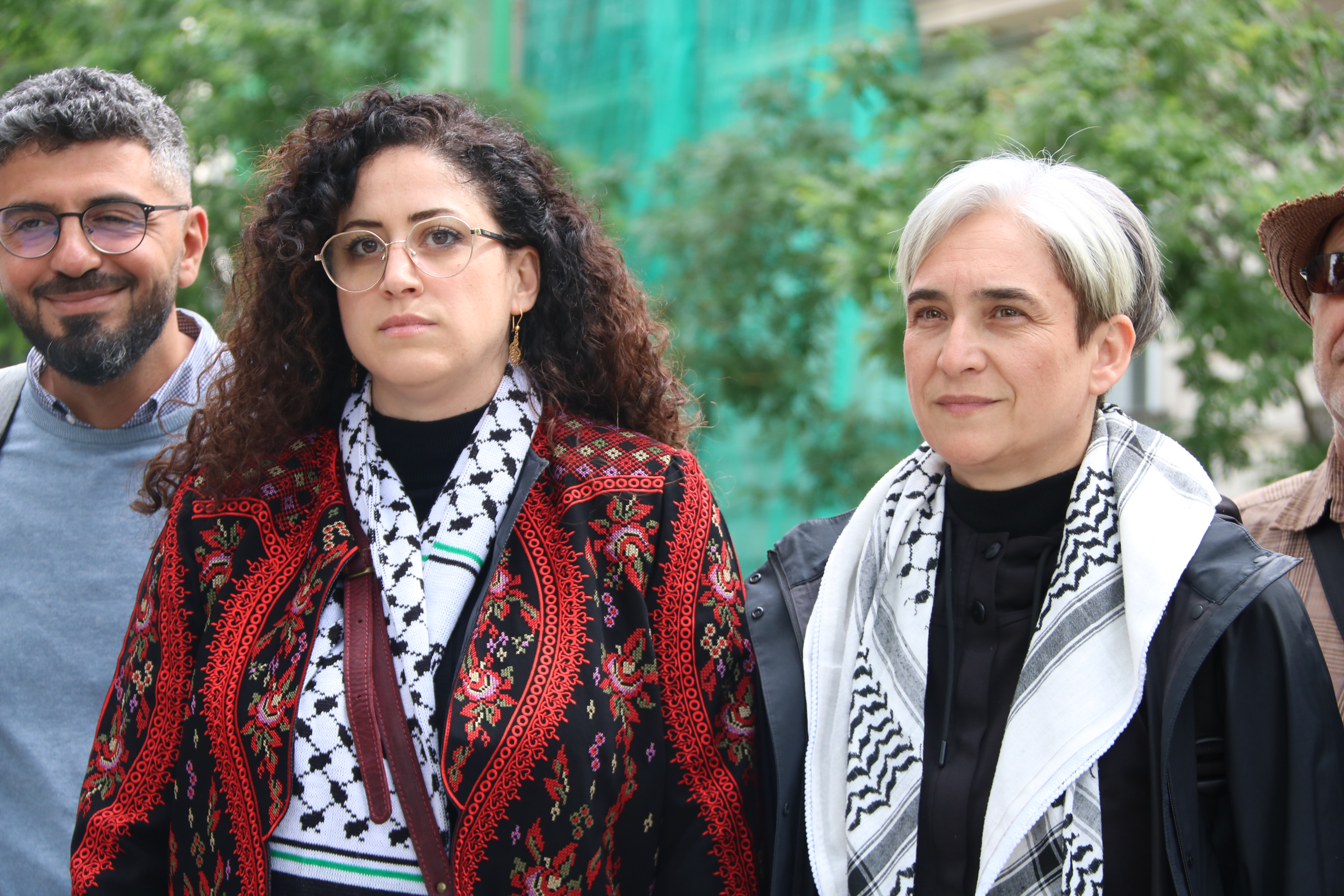 Former Barcelona mayor, Ada Colau, and Sally Issa, the wife of Saif Abukeshek, the Spanish citizen from the Global Sumud Flotilla detained by Israel