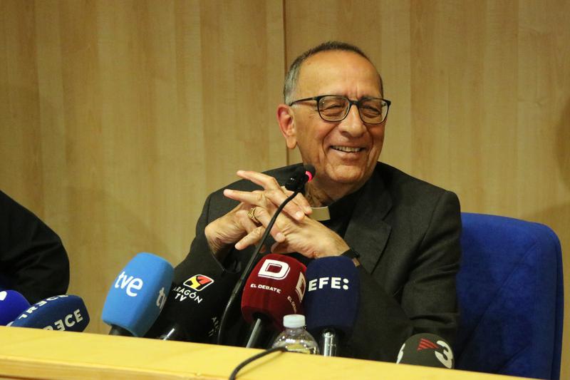 Barcelona's archbishop Joan Josep Omella speaking with the press in Rome on May 9, 2025
