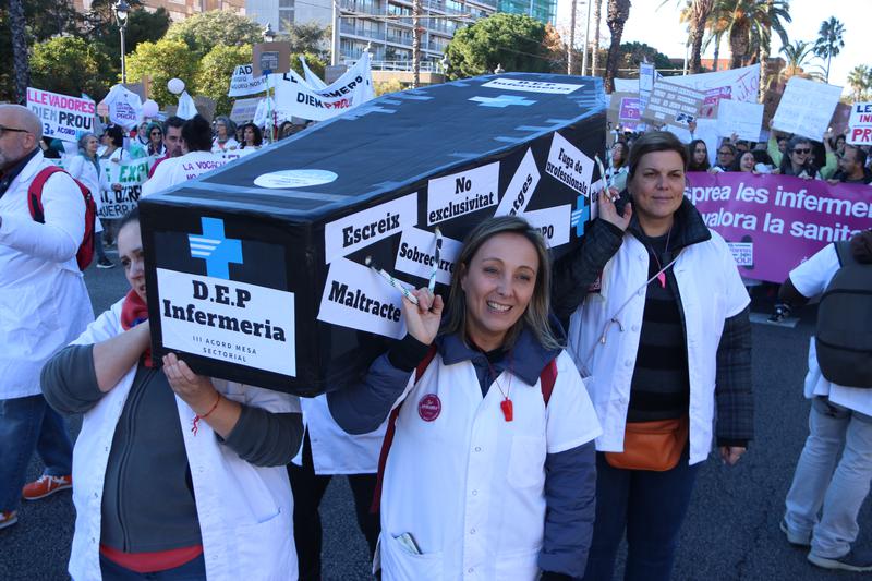 Protesting nurses hold a coffin saying 'RIP Nursing'