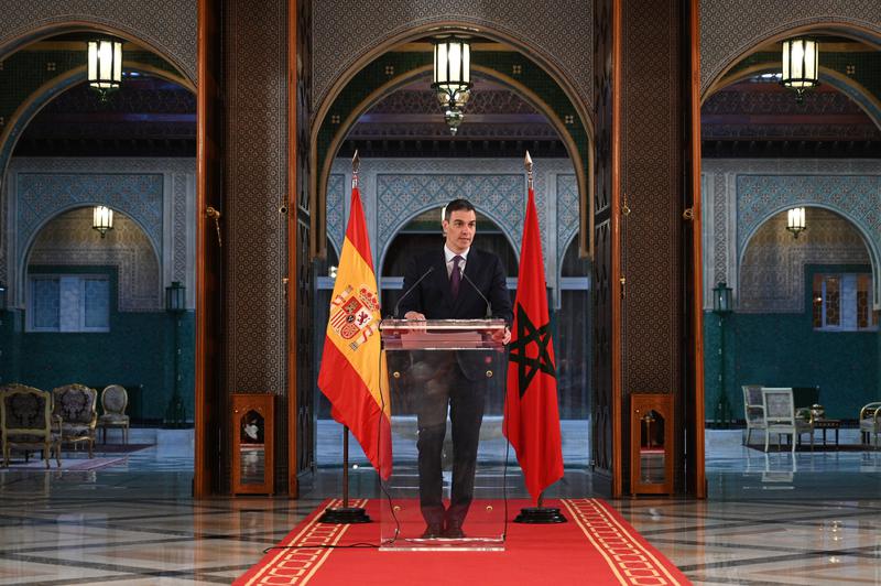 Spanish PM Pedro Sánchez speaking in a press conference from Rabat