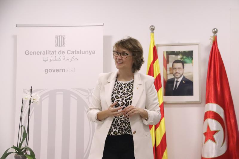 Meritxell Serret, Catalan foreign minister, addresses a group of NGO representatives in the Catalan government delegation offices in Tunisia