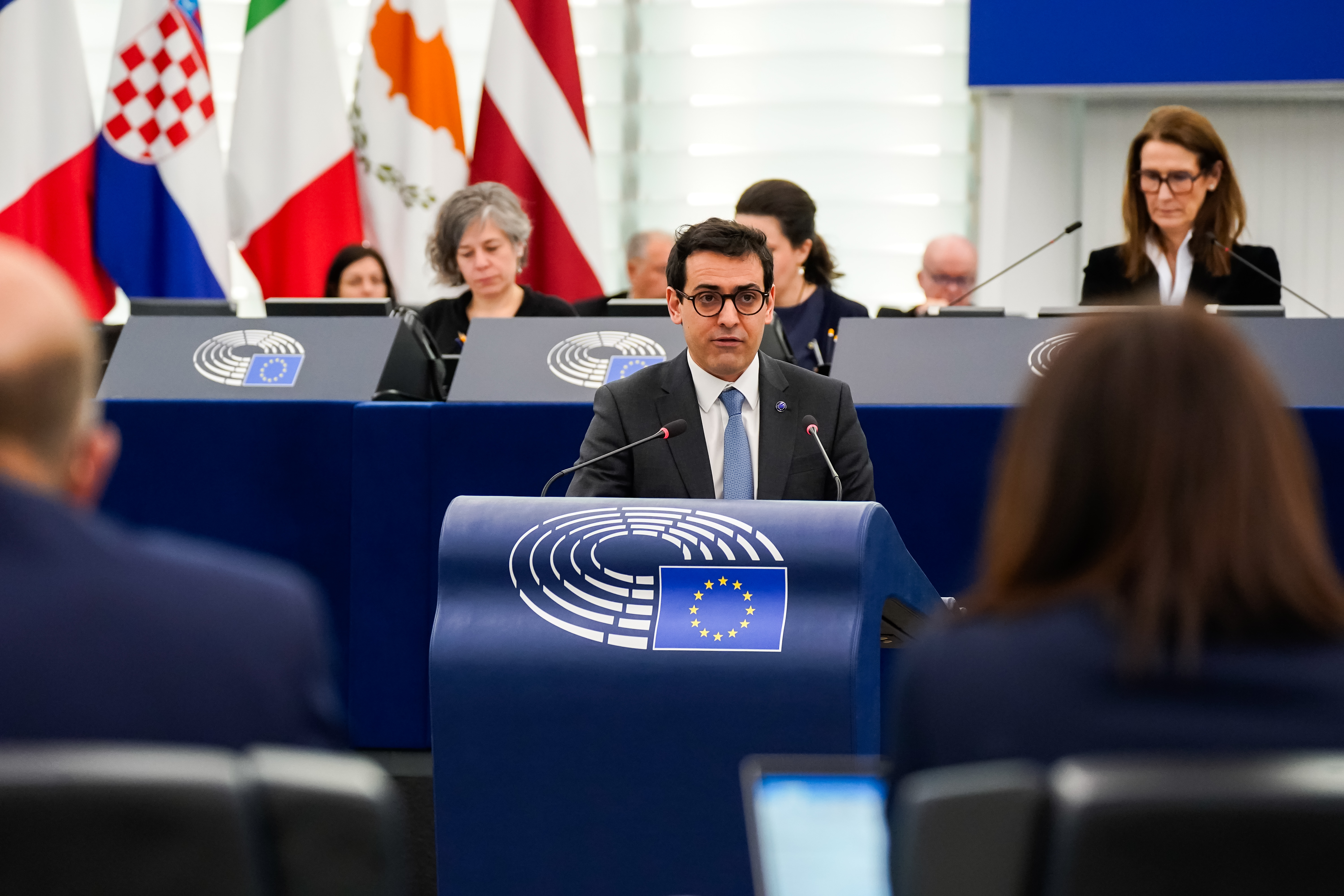 The Executive Vice-President for Prosperity and Industrial Strategy of the European Commission, Stéphane Séjourné, during a speech in the European Parliament