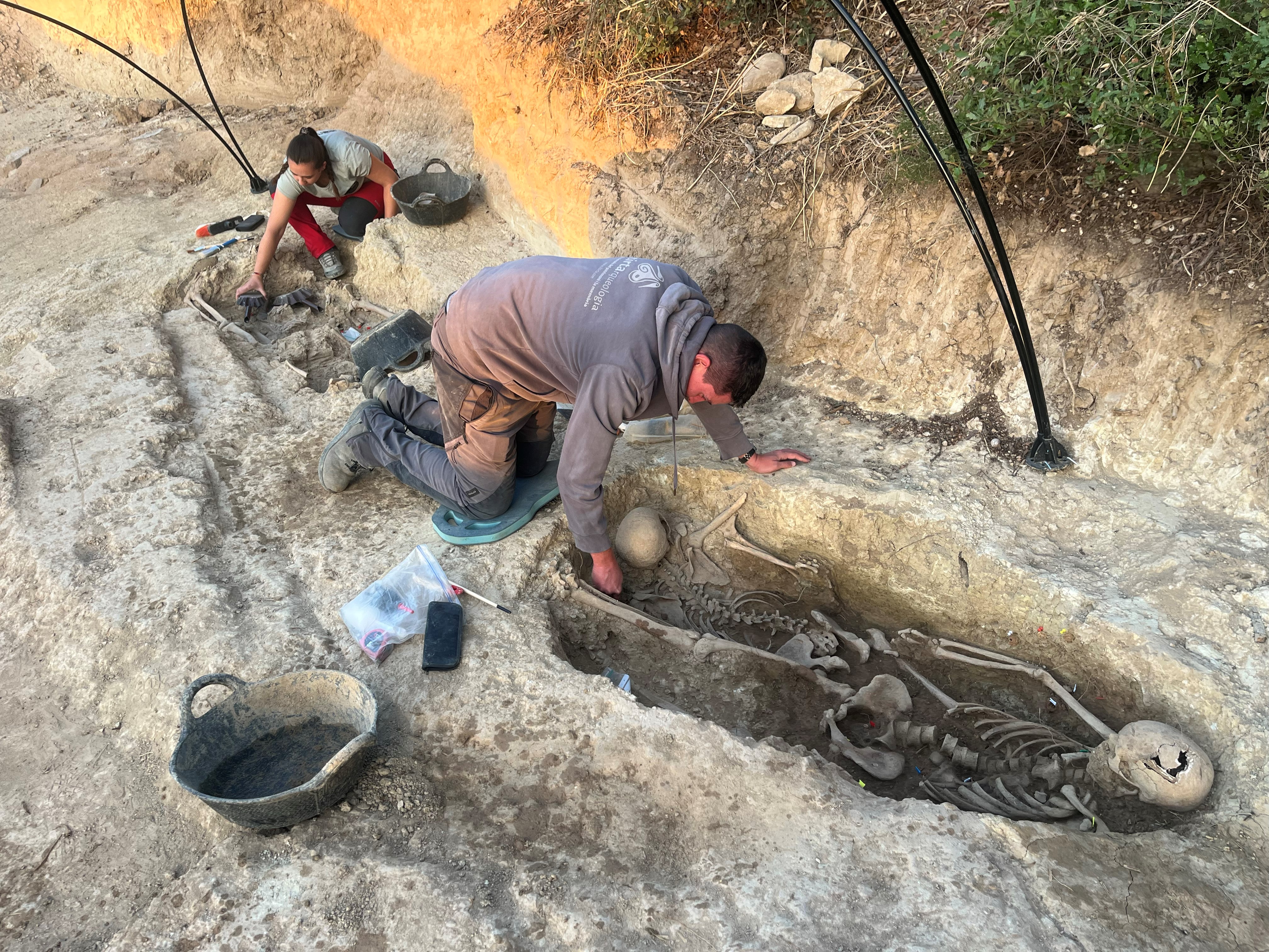 Work to recover the skeletal remains of Republican soldiers from the Spanish Civil War at the Era de Cal Lico mass grave in Alentorn