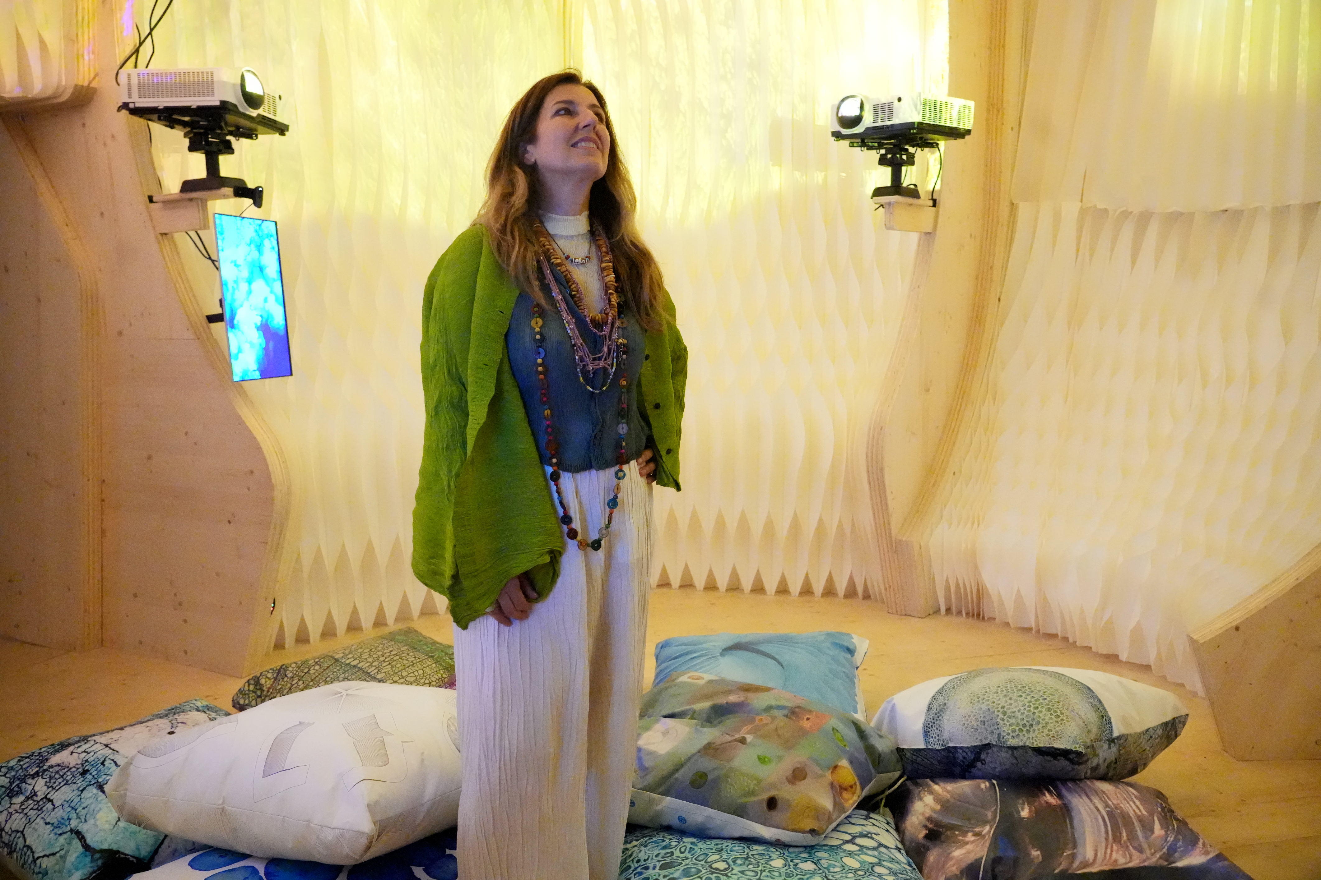 Barcelona-based architect Benedetta Tagliabue inside the display by the EMBT studio, 'The Architecture of Virtual Water,' exhibited at the 2025 Venice Biennale of Architecture