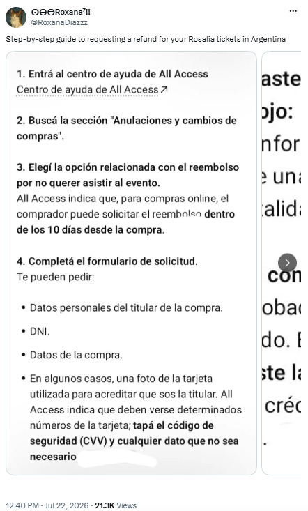 A post on X showing Argentinians how to get refunds for Rosalía's concert tickets