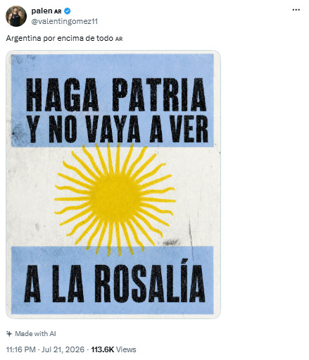A post on X urging Argentinians not to attend Rosalía's concert