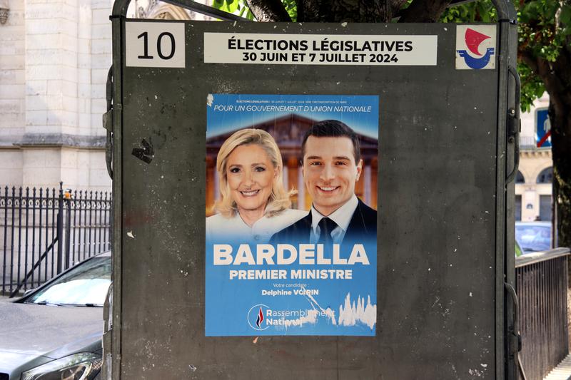 Electoral poster of the National Rally party with the leaders Marine Le Pen and Jordan Bardella for the legislative elections in France taking place on June 30 and July 7