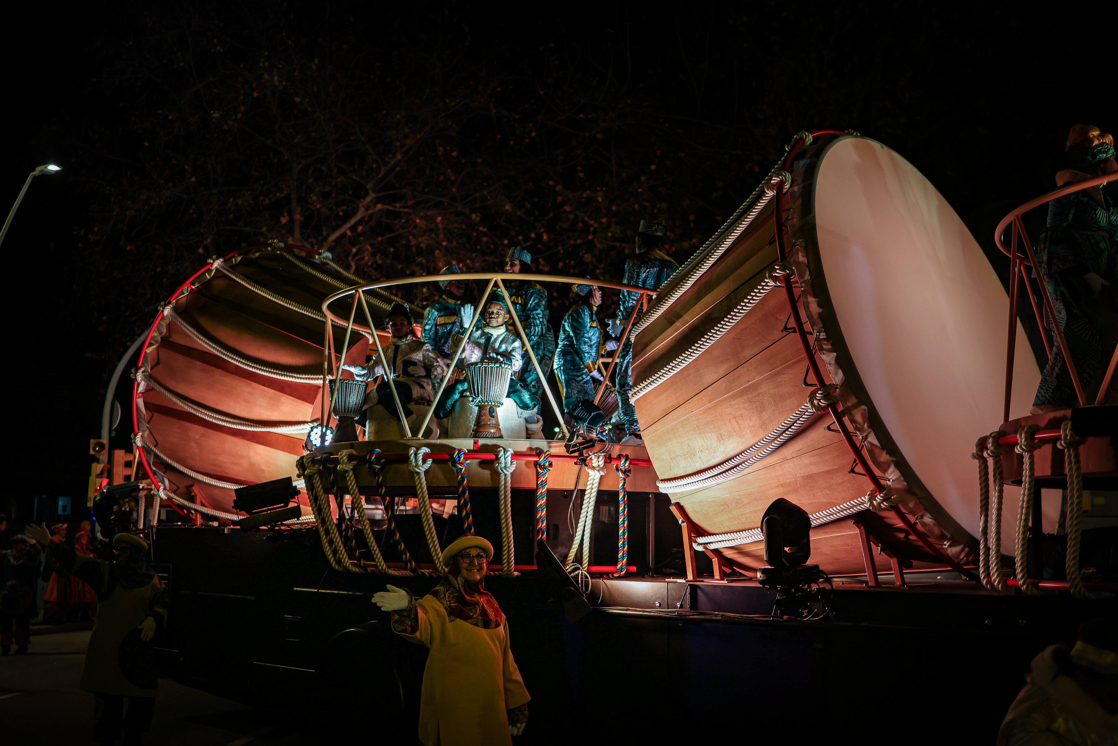 Part of the new Balthazar float, featuring two giant djembe drums